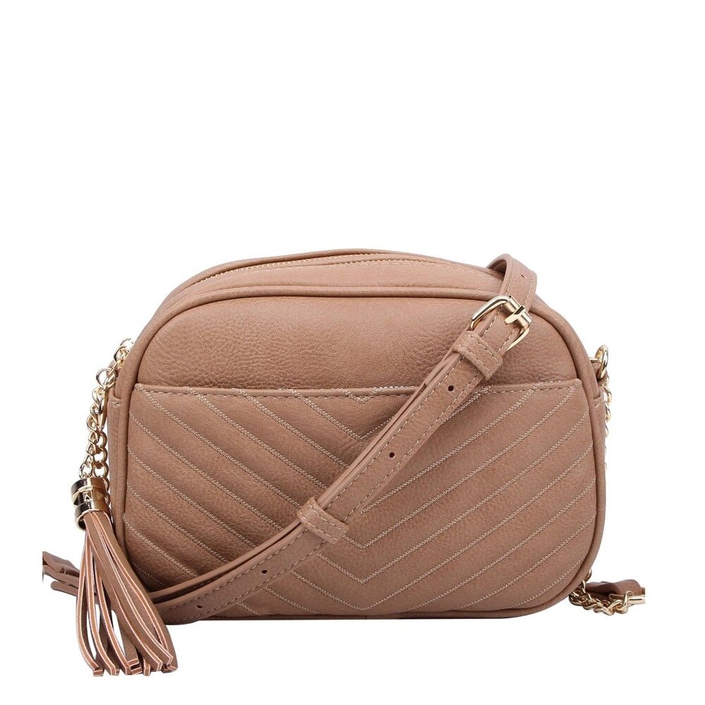 Veronica Double Zipper V Pattern Stitch Tassel Crossbody Bag